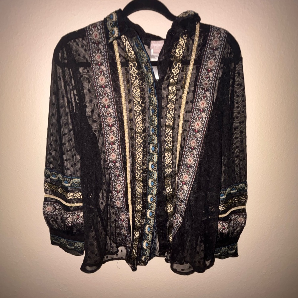 Chico's Black and Cream Graphic Blouse with 3/4 Sleeves